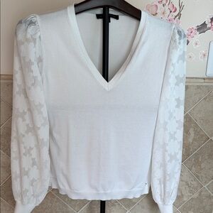 Tommy Hilfiger White V-Neck Blouse with Sheer Floral Sleeves
